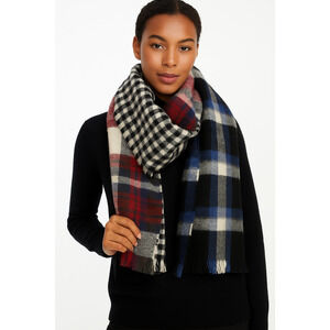 Steve Madden Multi Plaid Fringe Scarf 28” X 76" Reversible Patchwork Winter